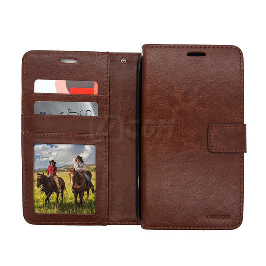 iPhone 14 Plus'' Photo ID 3 Card Slots Plain Wallet Brown