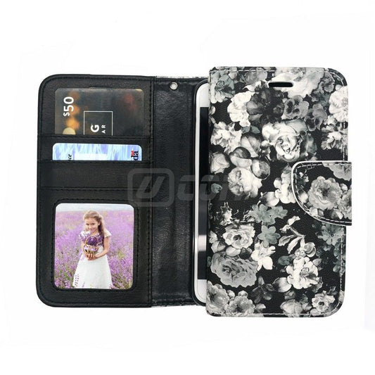 Wallet Case With 3 Card Slots For iPhone 15 Rose Design Wallet Black
