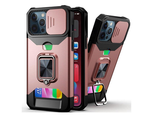 Hybrid Ring Case With Camera Slide and Card Slots For iPhone 15 Rose Gold